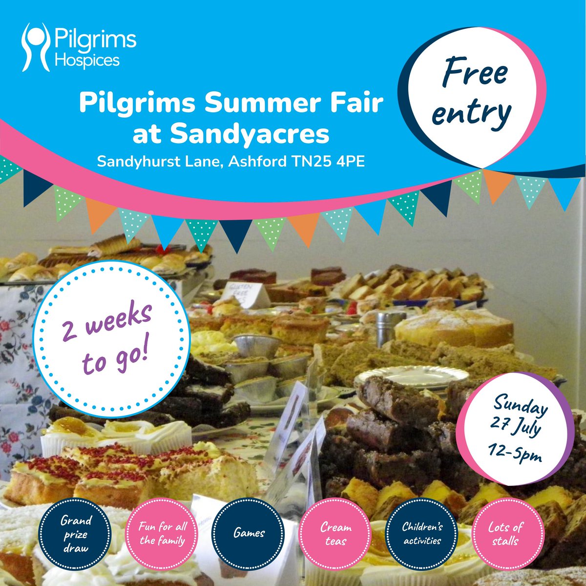 Our #PilgrimsSummerFair is just two weeks away on Sunday 27 July at Sandyacres Sports &amp; Social Club, #Ashford! Enjoy a fun afternoon with friends and family. Free entry, donations to #PilgrimsHospices welcomed. Find out more: pilgrimshospices.org/summer-fair ☀️ 🤸 🤩 💙 #WhatsOnAshford