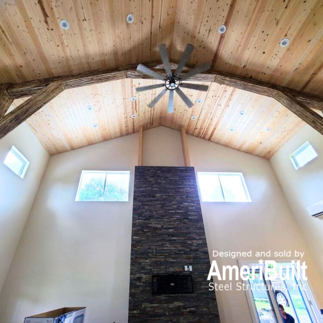ameribuiltsteel's tweet image. ✨ Look up! This stunning custom wood ceiling adds warmth and character to a beautifully finished family room — all inside a steel-framed home by Ameribuilt Steel Structures . #AmeribuiltSteel #CustomCeiling #SteelFramedHome #FamilyRoomGoals #ModernRustic #BuiltToLast