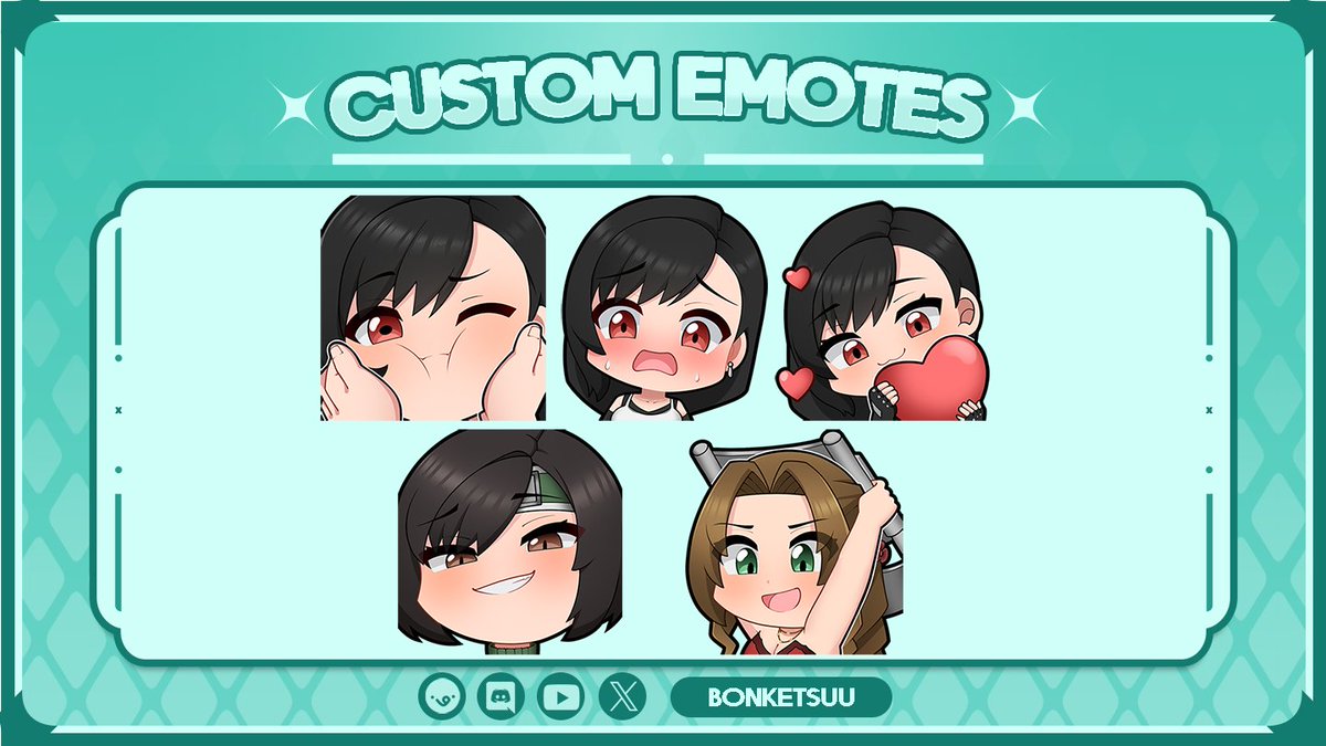 ❤️Thank you for your commission!❤️

 my commission is still available, DM me for order!
on my VGEN : vgen.co/Bonketsuu

 #emotes #art #commissions #commissionsopen #illustration #ArtistsOnTwitter #VGen #VGenComm 
#tifa #aerith #Yuffie #FF7 #FinalFantasyVII #finalfantasy7