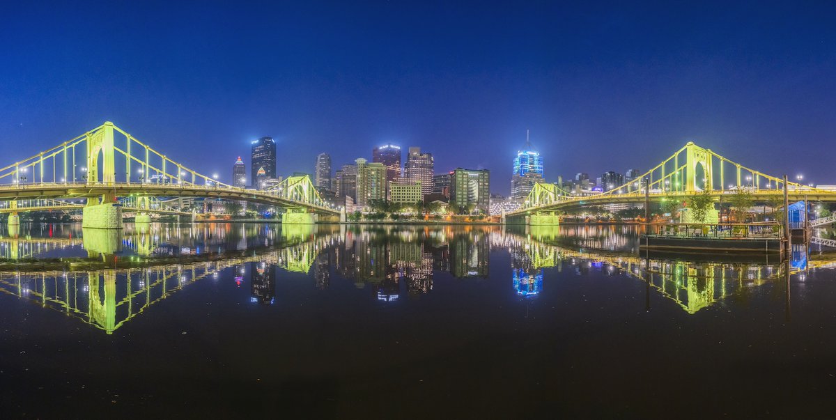 DaveDiCello's tweet image. This morning the bridges of #Pittsburgh were lit up green for #Picklesburgh, and I had a ton of fun capturing the setting moon behind them. The giant pickle is back on the Clemente Bridge, and I'm looking forward to checking out the festival this weekend.