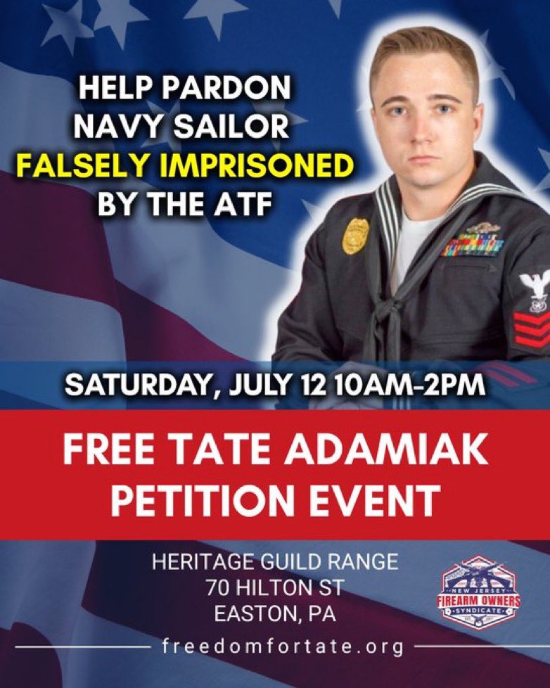 FreedomForTate's tweet image. PETITION EVENT – THIS SATURDAY
Join us in Easton, PA to support Navy Sailor Patrick “Tate” Adamiak, who we believe has been falsely imprisoned by the ATF.
📍 Heritage Guild Range – 70 Hilton St
📅 Saturday, July 12
🕙 10 AM – 2 PM
Let’s stand together for justice. 🇺🇸
Visit…