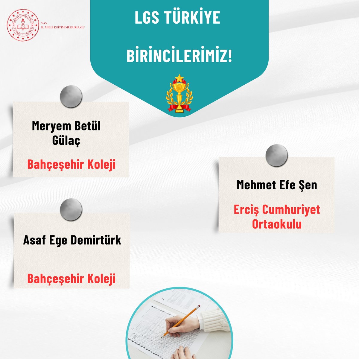 📢 2025 LGS sonuçlarına göre Van’dan 3 öğrencimiz tüm soruları doğru yanıtlayarak Türkiye birincisi oldu.

Bu başarıda emeği geçen öğrencilerimizi, öğretmenlerini ve ailelerini içtenlikle tebrik ediyoruz. 👏

📚 Eğitim yolculuğunda nice başarılara...

<a href="/tcmeb/">Millî Eğitim Bakanlığı</a> <a href="/Yusuf__Tekin/">Yusuf Tekin</a> <a href="/mnaras/">M.Nurettin ARAS🇹🇷</a>