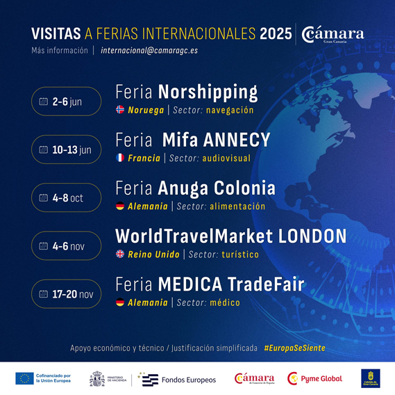 🌍 ¿Tu empresa quiere estar en las grandes ferias internacionales?   Te invitamos a participar en:

🇩🇪 Anuga | 4–8 oct.   🇬🇧 World Travel Market | 4–6 nov.   🇩🇪 MEDICA Trade Fair | 17–20 nov.
💼 Ayudas de hasta el 85% con #PymeGlobal   🔗 camaragrancanaria.org/internacional/…

#EuropaSeSiente