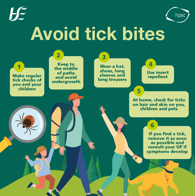After being outdoors this summer, keep an eye out for ticks and tick bites. These are small brown bugs whose bite can cause Lyme disease.   If you find a tick on yourself, remove it, and contact your GP if you develop a bullseye rash.  

To find out more, visit: