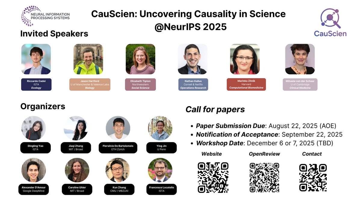 CauScien's tweet image. 🚨 We’re thrilled to announce our NeurIPS 2025 workshop:
CausCien: Uncovering Causality in Science 🔍✨
We’re uniting ML + science communities to explore how causal learning advances:
🌿 Ecology 🧬 Biology 📊 Social Science & more!
📝 Submit by Aug 22
👉 sites.google.com/view/causcien