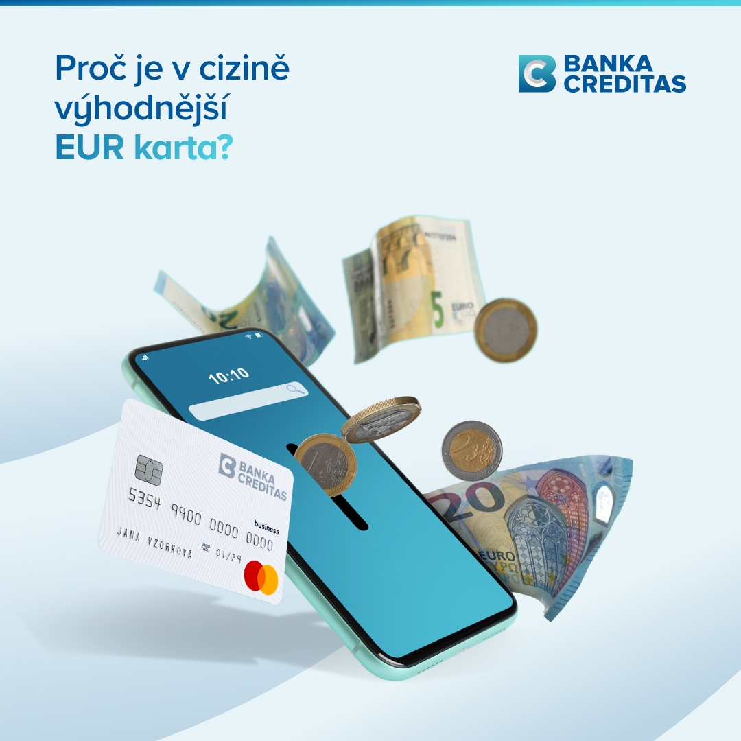 S naší eurovou kartou neřešíte žádné zbytečné přepočty měn při platbách nebo výběrech v EUR. Při platbě v jiné měně dojde jen k jednomu převodu.

A dál?
👉 vydání a vedení zdarma
👉 za výběry z bankomatů po světě neúčtujeme poplatky
👉 výhodné cestovní pojištění pro celou rodinu