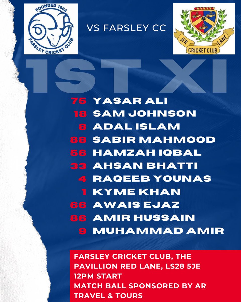 Jer Lane CC (@jerlanecc) on Twitter photo The 1st XI travel to <a href="/farsleycc/">Farsley Cricket Club</a> in an exciting fixture on Saturday and will look to continue winning ways from last week’s result.
One change from last week, Raqeeb comes back in for Denson.
Match Ball is proudly sponsored by AR Travel & Tours. <a href="/ARtravel/">AR Tour & Travel</a> The 1st XI travel to <a href="/farsleycc/">Farsley Cricket Club</a> in an exciting fixture on Saturday and will look to continue winning ways from last week’s result.
One change from last week, Raqeeb comes back in for Denson.
Match Ball is proudly sponsored by AR Travel & Tours. <a href="/ARtravel/">AR Tour & Travel</a>