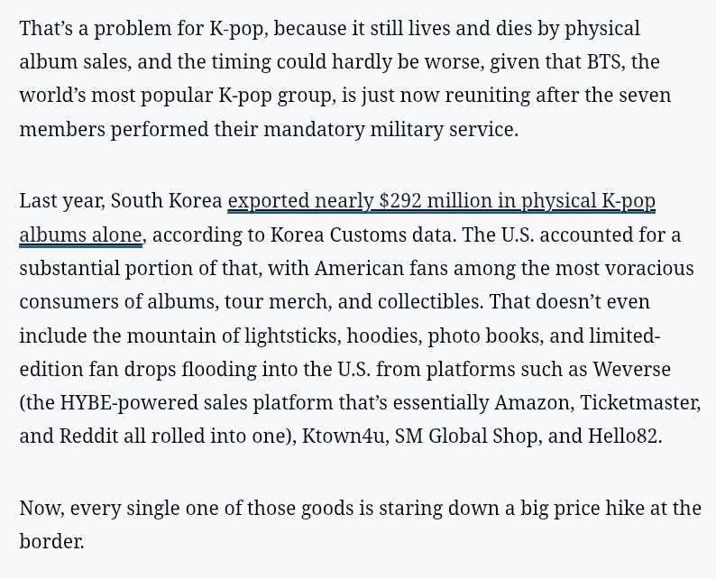 "Your next K-pop album might cost 25% more, thanks to Trump’s latest tariffs" qz.com/south-korea-tr…
"Last year, South Korea exported nearly $292 million in physical K-pop albums alone," 😲