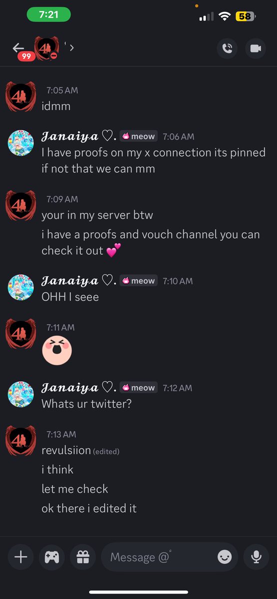 @.revulsiion is a scammer.🧵They own a dc server and host giveaways for people to join their server as a rule. Nobody wins the gw it’s just to promote they’re scammer server. They also have scammed here on x. They have many proofs of scams on ksf dc.