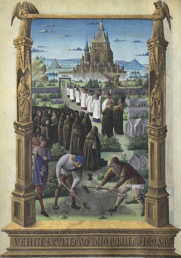 VirDesideriorum's tweet image. A funeral procession makes its way back from the cemetery to the church, whose fantastic architecture is visible in the background of the picture.
The gravediggers and mourners remain behind in their typical medieval garb.
@GallicaBnF Latin 920, f. 200v
Book of Hours (Heures de…
