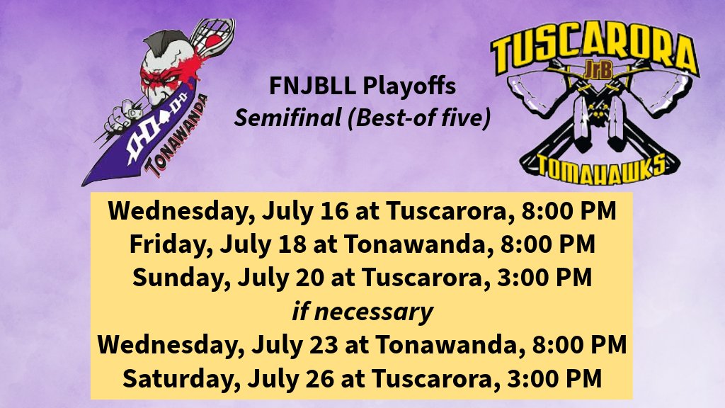 #FNJBLL Playoffs semifinals 
<a href="/TonawandaBraves/">Tonawanda Braves</a> 🆚 <a href="/JrTomahawks/">Jr. Tomahawks</a>