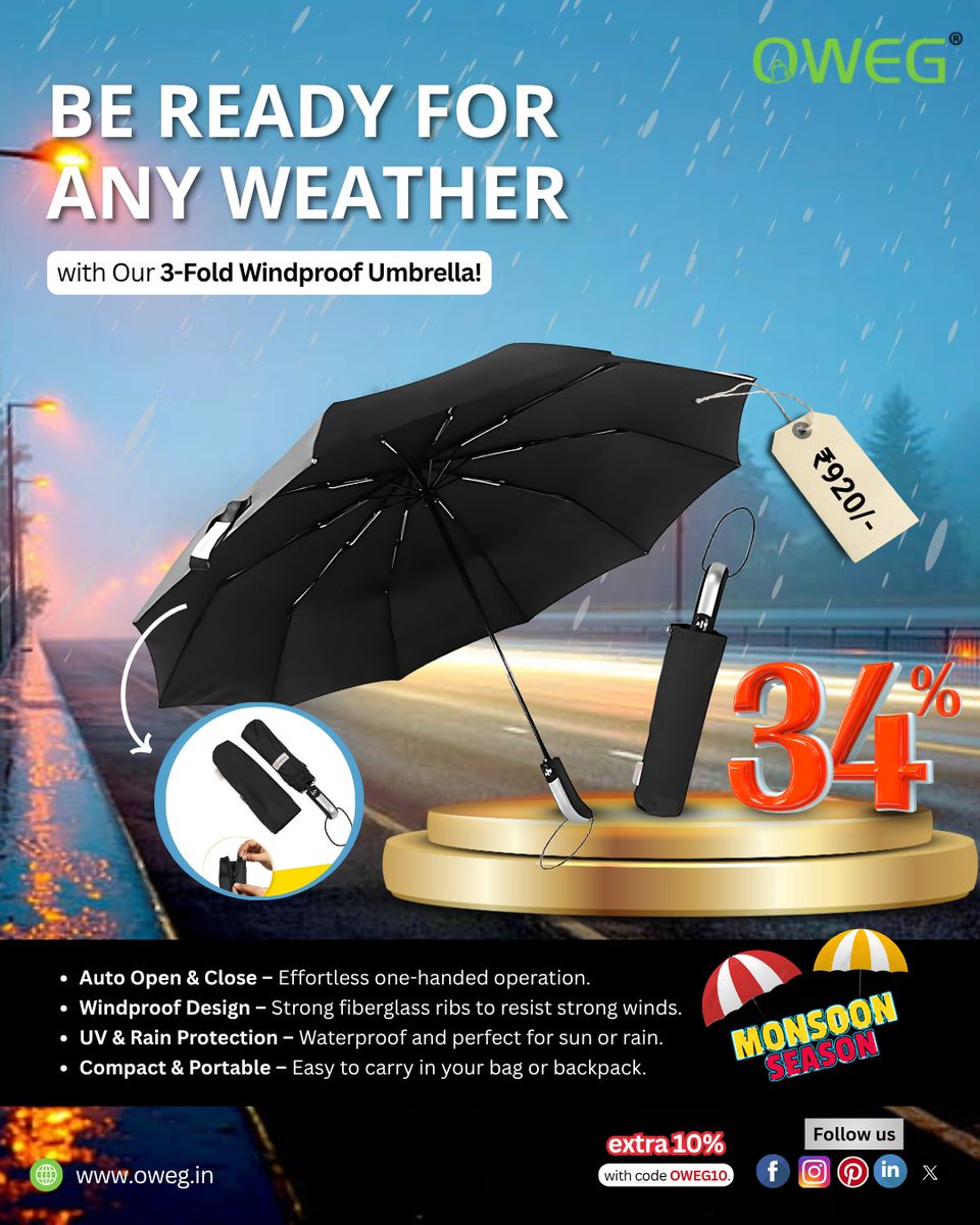 owegonline's tweet image. 🌧️ Don’t let the weather stop you! Our 3-Fold Windproof Umbrella offers UV &amp;amp; rain protection with a 34% discount. Get yours now and stay prepared!

Shop now at - shorturl.at/PmFMN

#OwegUmbrella #WindproofDesign #RainProtection #PortableUmbrella #MonsoonSeason