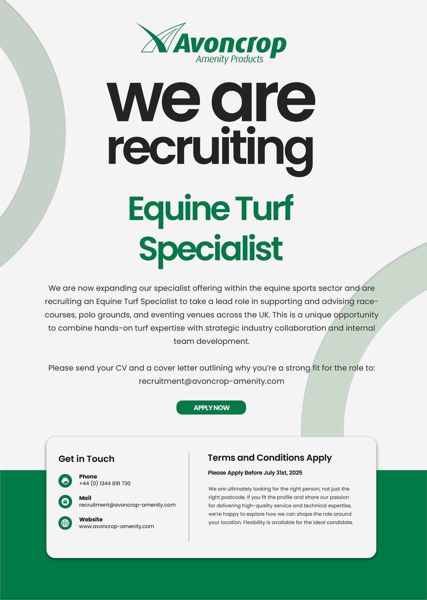 Are you looking for your next career move?
We are looking to recruit for an Equine Turf Specialist 
Location: (UK-Wide / Field-Based Role)
Type: Full-Time / Salary: Competitive + Performance-Based Incentives

We are now expanding our specialist offering within the equine sports