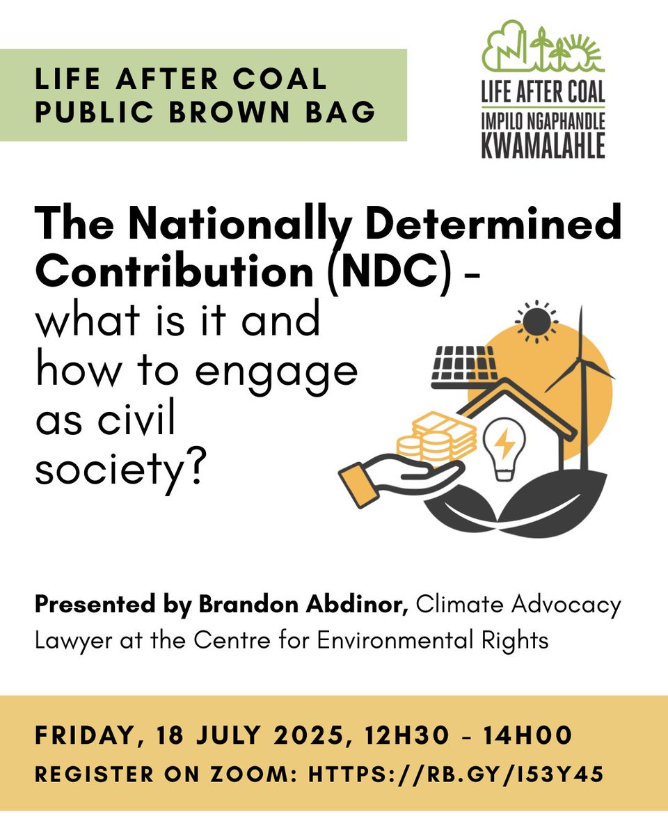 Life After Coal (@lifeaftercoal) on Twitter photo What is the NDC? How can YOU help shape SA’s climate future?
Join our Public Brown Bag on 18 July with Brandon Abdinor to learn how to engage with SA’s next big climate commitment.
🕧 12:30–14:00
🔗 Register: us02web.zoom.us/meeting/regist…
#NDC2025 #ClimateJustice <a href="/CentreEnvRights/">Centre for Environmental Rights</a> What is the NDC? How can YOU help shape SA’s climate future?
Join our Public Brown Bag on 18 July with Brandon Abdinor to learn how to engage with SA’s next big climate commitment.
🕧 12:30–14:00
🔗 Register: us02web.zoom.us/meeting/regist…
#NDC2025 #ClimateJustice <a href="/CentreEnvRights/">Centre for Environmental Rights</a>