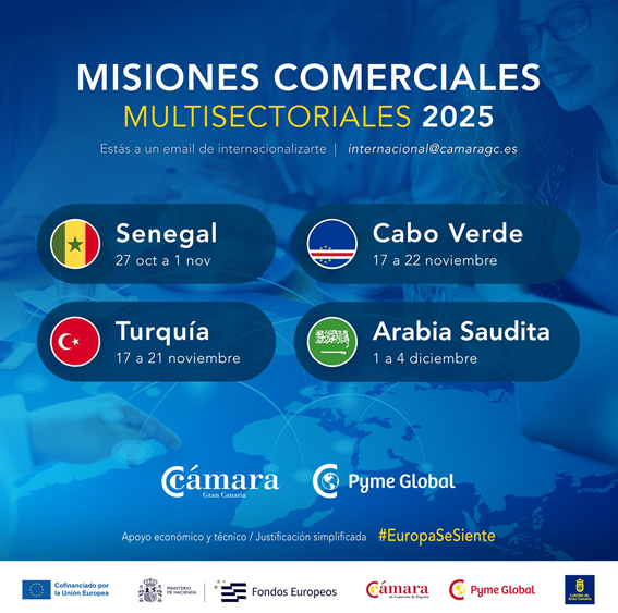 🌍 ¿Tu empresa quiere crecer fuera de Canarias?   Te invitamos a las próximas #MisionesComerciales 

🇸🇳 Senegal | 27 oct – 1 nov   🇹🇷 Turquía | 17 – 21 nov   🇨🇻 Cabo Verde | 17 – 22 nov   🇸🇦 Arabia Saudita | 1 – 4 dic
💼 Ayudas de hasta el 85%   🔗 camaragrancanaria.org/internacional/…