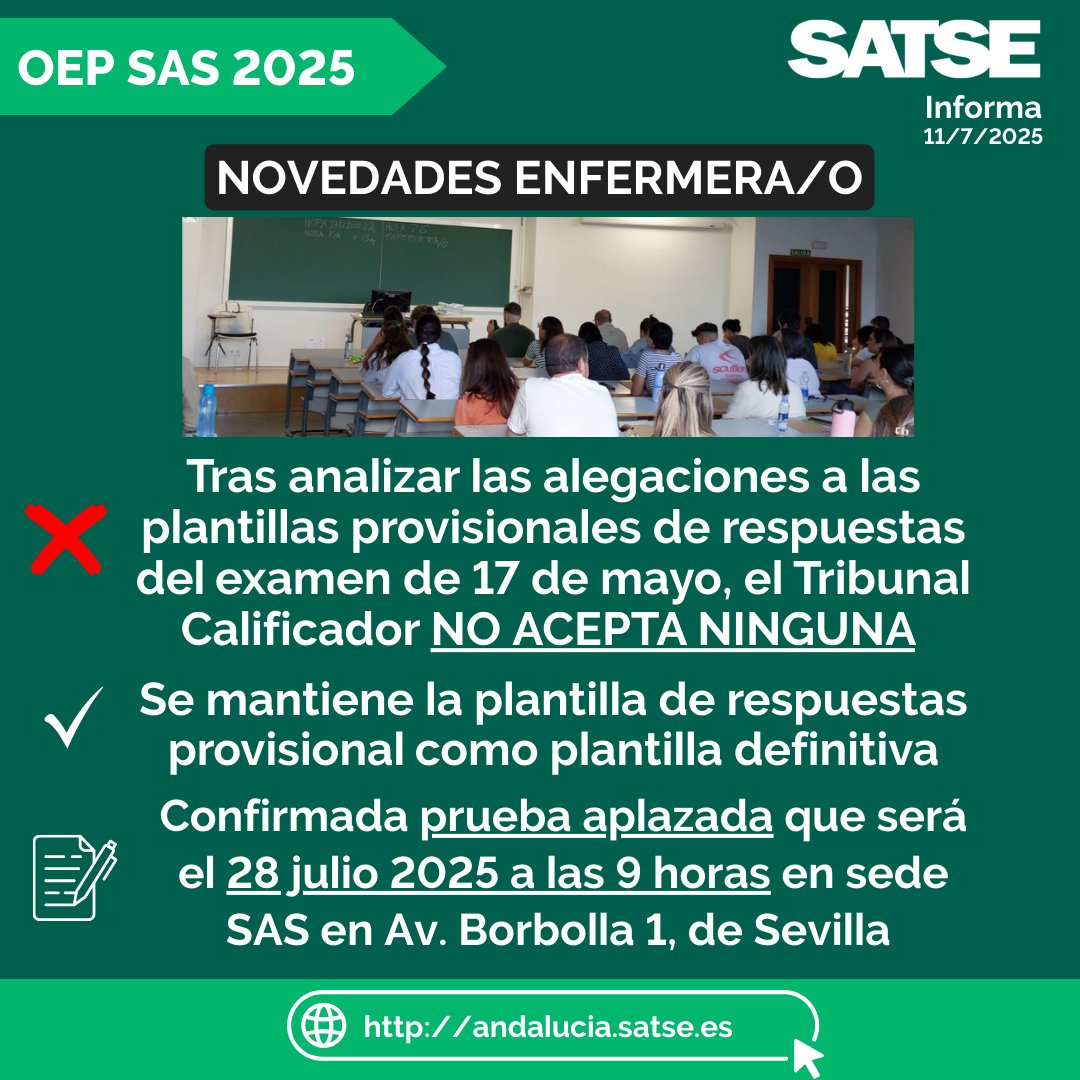 SATSE_Andalucia's tweet photo. 🗣️ #SATSE Informa: Novedades #OEPSAS 2025 #Enfermera/o:
❌El Tribunal Calificador NO acepta ninguna de las alegaciones presentadas a las plantillas provisionales del examen 17 mayo
✍️Se presentaron un total de 5.104 de TL y 30 de PI
🔗Información completa https://t.co/FHr4EDJAMg https://t.co/lUFPrpyDpV