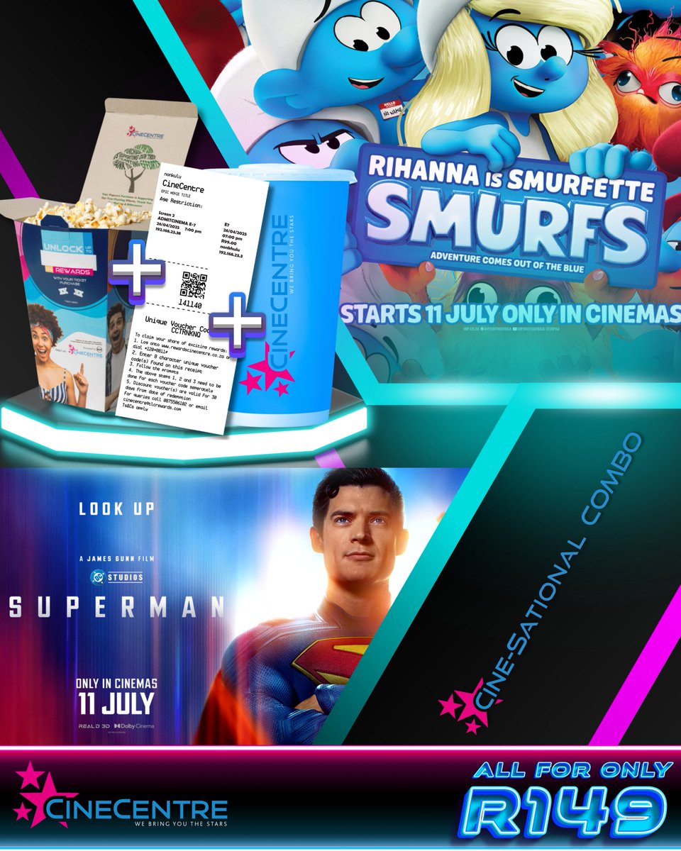 The Cine-Sensational Deal is here! ✨

Get your movie ticket 🎟️, medium popcorn 🍿, medium soda 🥤, PLUS a rewards code!

All from R149 &amp; R120 on Tuesdays. 
The perfect combo for this week's blockbusters!

#CineCentre #MovieDeals
