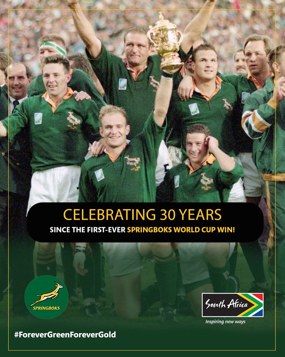 It’s been 30 years since that defining moment in our nation’s sporting history, when the Springboks lifted the Webb Ellis Cup for the first time, elevating our global competitiveness! 🇿🇦🏉 #ForeverGreenForeverGold