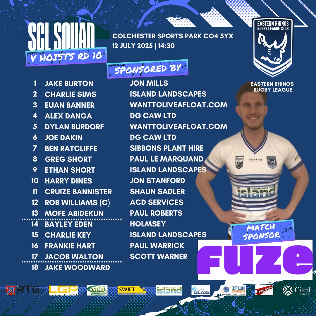 📣Squad announcement 
🆚Hammersmith
📍Col Sports Park
🗓️Sat 12/7⌚️2:30pm

Match Sponsor: Fuze Visual

#LetsgoRhinos

Thanks to our Sponsors👊
Island Landscapes
Dunmow Glass
Swift Scaffolding
LGP Electrical
ACD Services
Centillion Solutions
RTG Group
Jones &amp; Whymark
Cited Property