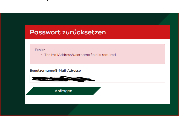 Der_ebO's tweet photo. Hey @FCAugsburg Team. Stimmt etwas mit eurer Website nicht? Wie ihr sehen könnt kommt folgende Fehlermeldung beim Zurücksetzen des Passworts obwohl die Email drin steht. https://t.co/Ja6g5oBc07