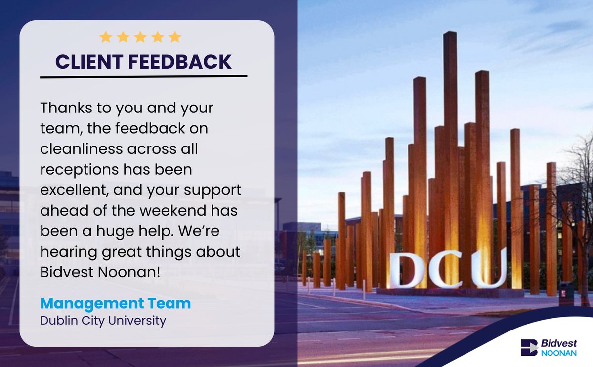 We’re delighted to share some fantastic feedback from our client at Dublin City University, recognising the great work of our team. The message, shared with Patricia Dias, our Area Manager for Education, highlighted the positive impact our team is making on campus.