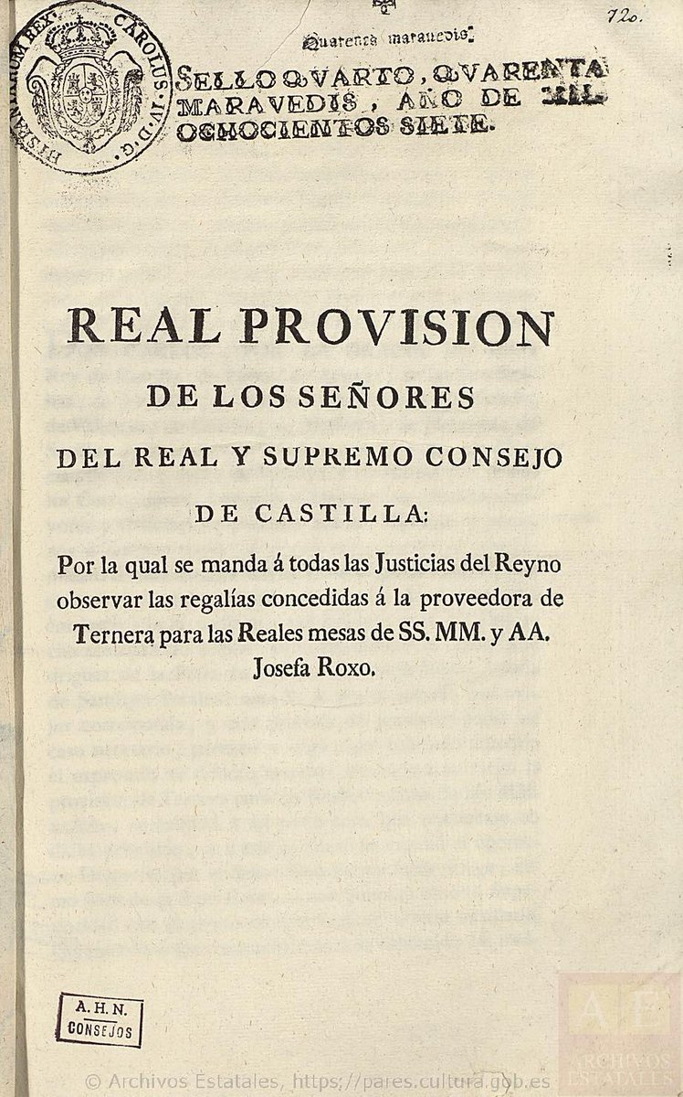 Propylaeum (@propylaeumant) on Twitter photo En 1807 una mujer, Josefa Roxo, era la proveedora de ternera para las "Reales cocinas de Sus Majestades y Altezas". 
Lo hacía como viuda de Francisco Santiago Perales, a quien se le había concedido la provisión de la Real Casa y que había fallecido.
AHN, CONSEJOS,L.1400,Exp.39 En 1807 una mujer, Josefa Roxo, era la proveedora de ternera para las "Reales cocinas de Sus Majestades y Altezas". 
Lo hacía como viuda de Francisco Santiago Perales, a quien se le había concedido la provisión de la Real Casa y que había fallecido.
AHN, CONSEJOS,L.1400,Exp.39