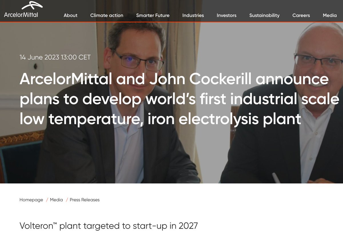 janrosenow's tweet image. I always assumed hydrogen was main path to zero-carbon virgin steel but there might be alternatives:
ArcelorMittal & John Cockerill plan to build world’s first industrial-scale low-temp iron electrolysis plant by 2027 potentially revolutionising steel.
corporate.arcelormittal.com/media/press-re…
