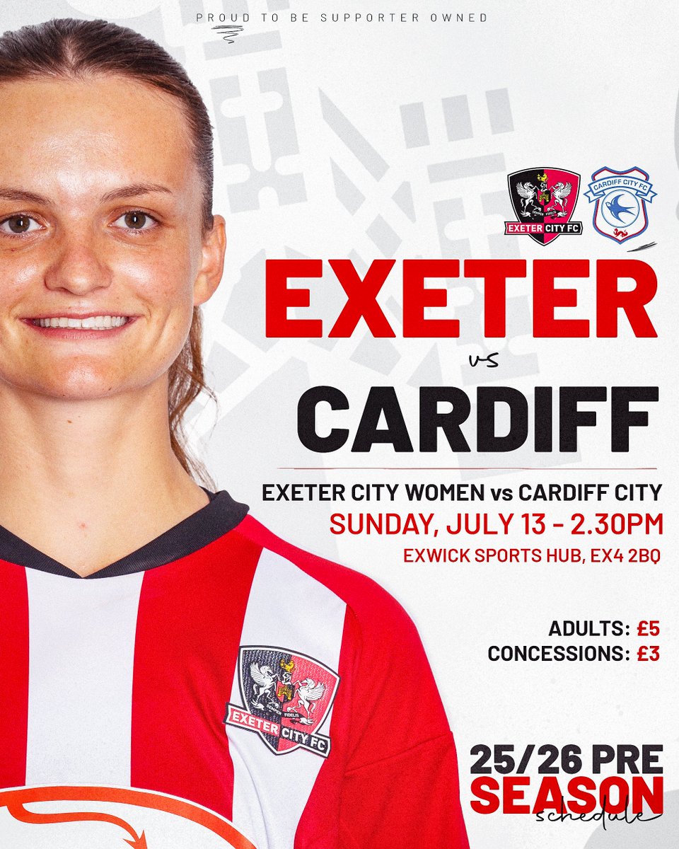 Exeter City Women FC (@exetercitywfc) on Twitter photo π¨ Sunday's pre-season friendly at Exwick against <a href="/CardiffCityFCW/">Cardiff City FC Women</a> will now kick-off at the slightly earlier time of 2.30pm.
More details β‘οΈ exetercityfc.co.uk/news/womens-maβ¦
#ECFC #SemperFidelis π¨ Sunday's pre-season friendly at Exwick against <a href="/CardiffCityFCW/">Cardiff City FC Women</a> will now kick-off at the slightly earlier time of 2.30pm.
More details β‘οΈ exetercityfc.co.uk/news/womens-maβ¦
#ECFC #SemperFidelis