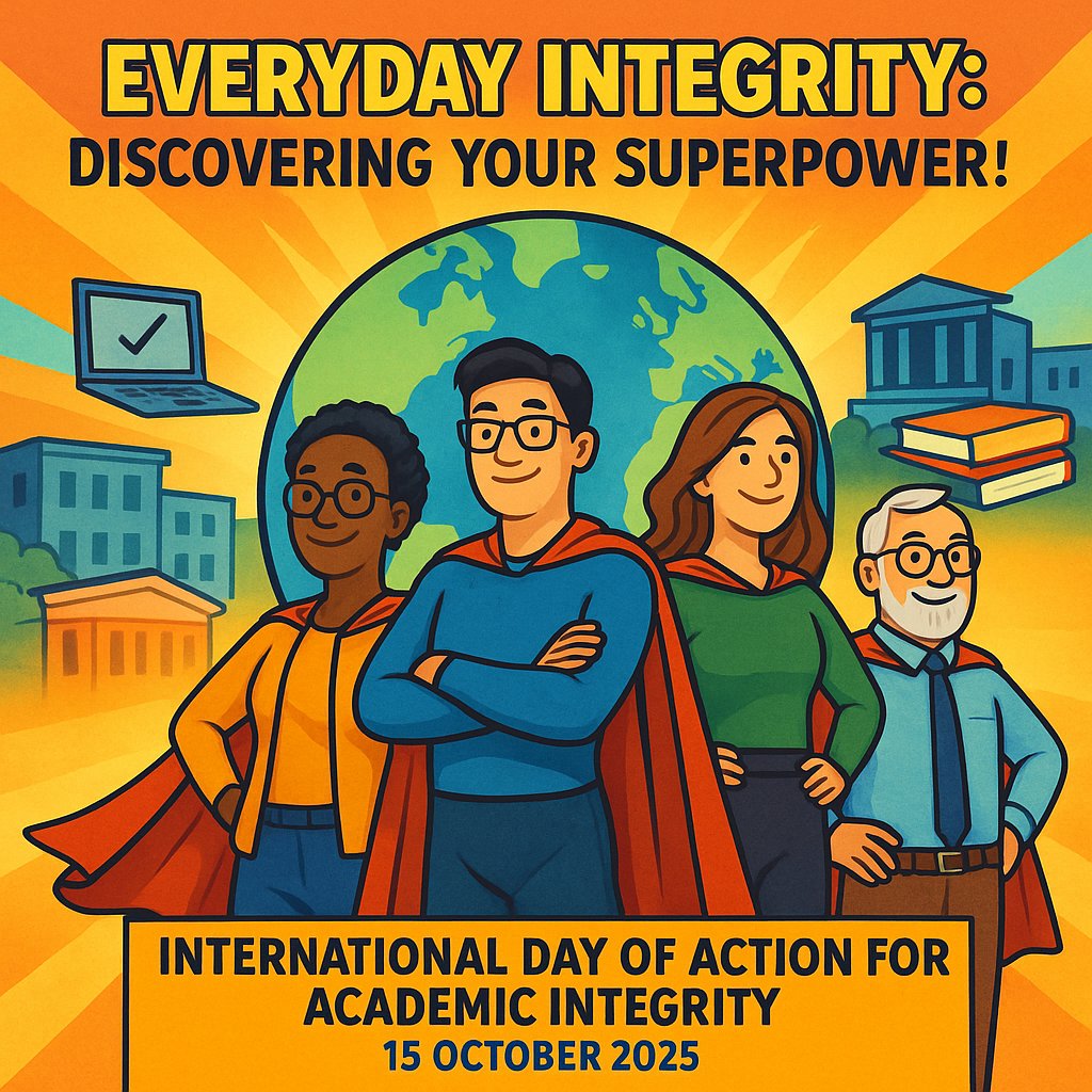 DrLancaster's tweet image. I'm delighted to share the news that this year's @TweetCAI International Day of Action for Academic Integrity will take place on 15 October 2025, with the theme "Everyday Integrity: Discovering your Superpower!" A link with more information is in the first reply (a thread)…