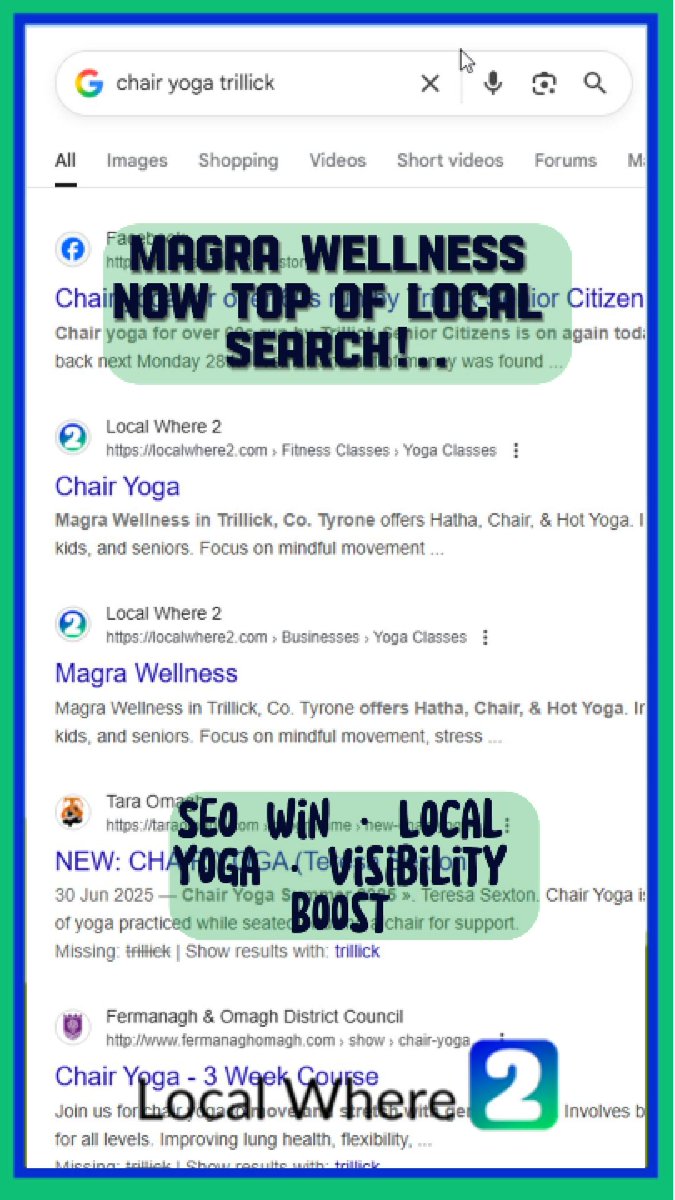LocalWhere2's tweet image. BOOM 💥 Magra Wellness is topping local yoga searches! SEO win = visibility for local businesses 🙌 #LocalWhere2 #YogaTrillick #SupportLocal