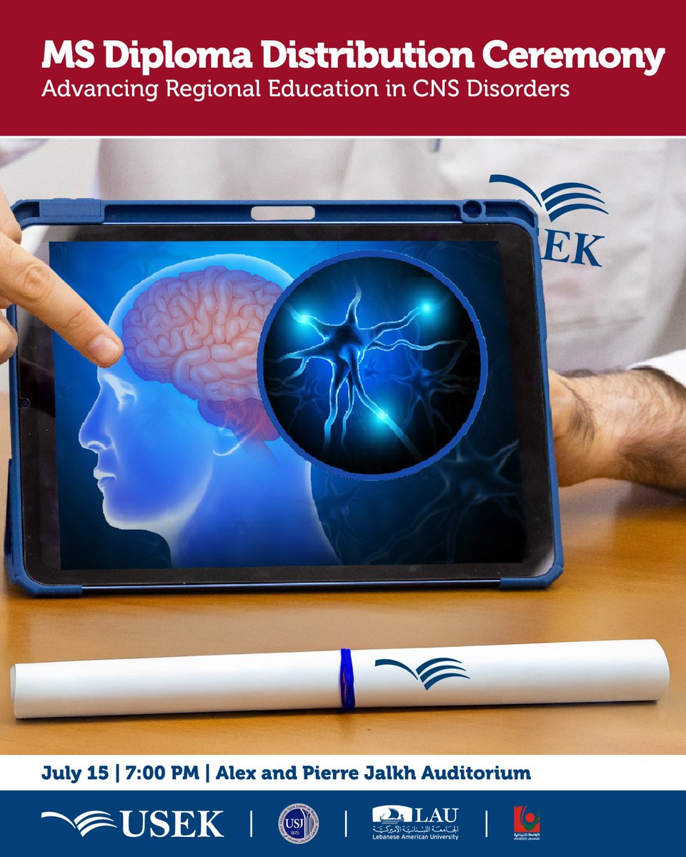 #USEK (@usekofficial) on Twitter photo A regional first in CNS care! Join us on July 15 at 7:00 PM for the MS Diploma distribution ceremony.
Location: Dr. François S. Bassil Medical Building, Jbeil
#MSDiploma #USEK A regional first in CNS care! Join us on July 15 at 7:00 PM for the MS Diploma distribution ceremony.
Location: Dr. François S. Bassil Medical Building, Jbeil
#MSDiploma #USEK