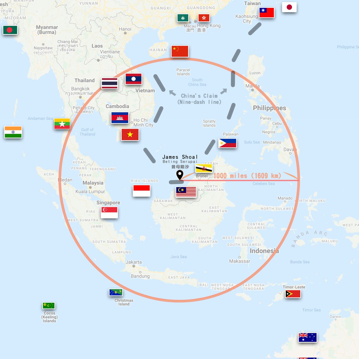 David Walpiri (@dwalpiri) on Twitter photo James Shoal, claimed by China as its southernmost territory is closer to 9 other countries than to China.
Its within Malaysia’s continental shelf. It’s 1,609 km from Hainan, far beyond China’s reach.
Just show you how absurd China's claims are. <a href="/informedph2/">Informed PH</a> <a href="/CarpioJudge/">Judge Antonio Carpio*</a> James Shoal, claimed by China as its southernmost territory is closer to 9 other countries than to China.
Its within Malaysia’s continental shelf. It’s 1,609 km from Hainan, far beyond China’s reach.
Just show you how absurd China's claims are. <a href="/informedph2/">Informed PH</a> <a href="/CarpioJudge/">Judge Antonio Carpio*</a>