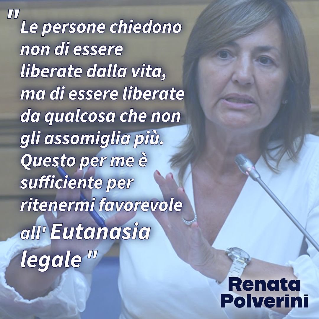 Renata Polverini (@renatapolverini) on Twitter photo Le persone chiedono non di essere liberate dalla vita, ma di essere liberate da qualcosa che non gli assomiglia più.
Questo per me e sufficiente per ritenermi favorevole ad una legge che li aiuti" Le persone chiedono non di essere liberate dalla vita, ma di essere liberate da qualcosa che non gli assomiglia più.
Questo per me e sufficiente per ritenermi favorevole ad una legge che li aiuti"