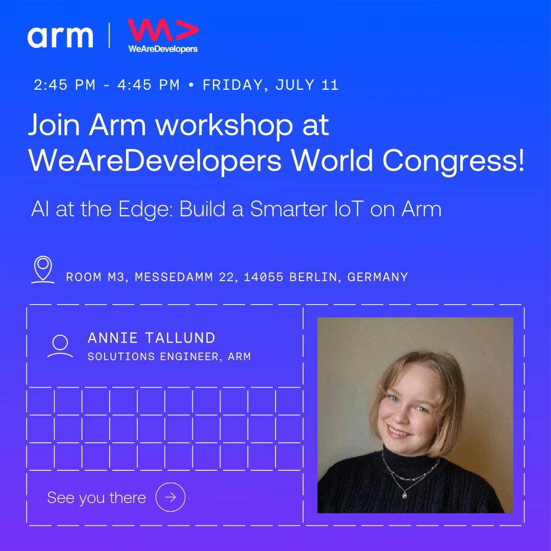 ArmSoftwareDev's tweet image. ⏰ Happening in 1 hour at @WeAreDevs!
Join our workshop: AI at the Edge: Build a Smarter IoT on Arm
➡️ Run GenAI on microcontrollers
➡️ Optimize AI for low-power devices
➡️ Get hands-on with Arm tools + Ethos-U85
Don’t miss it! #wearedevs
okt.to/7MiEkW #wearedevs