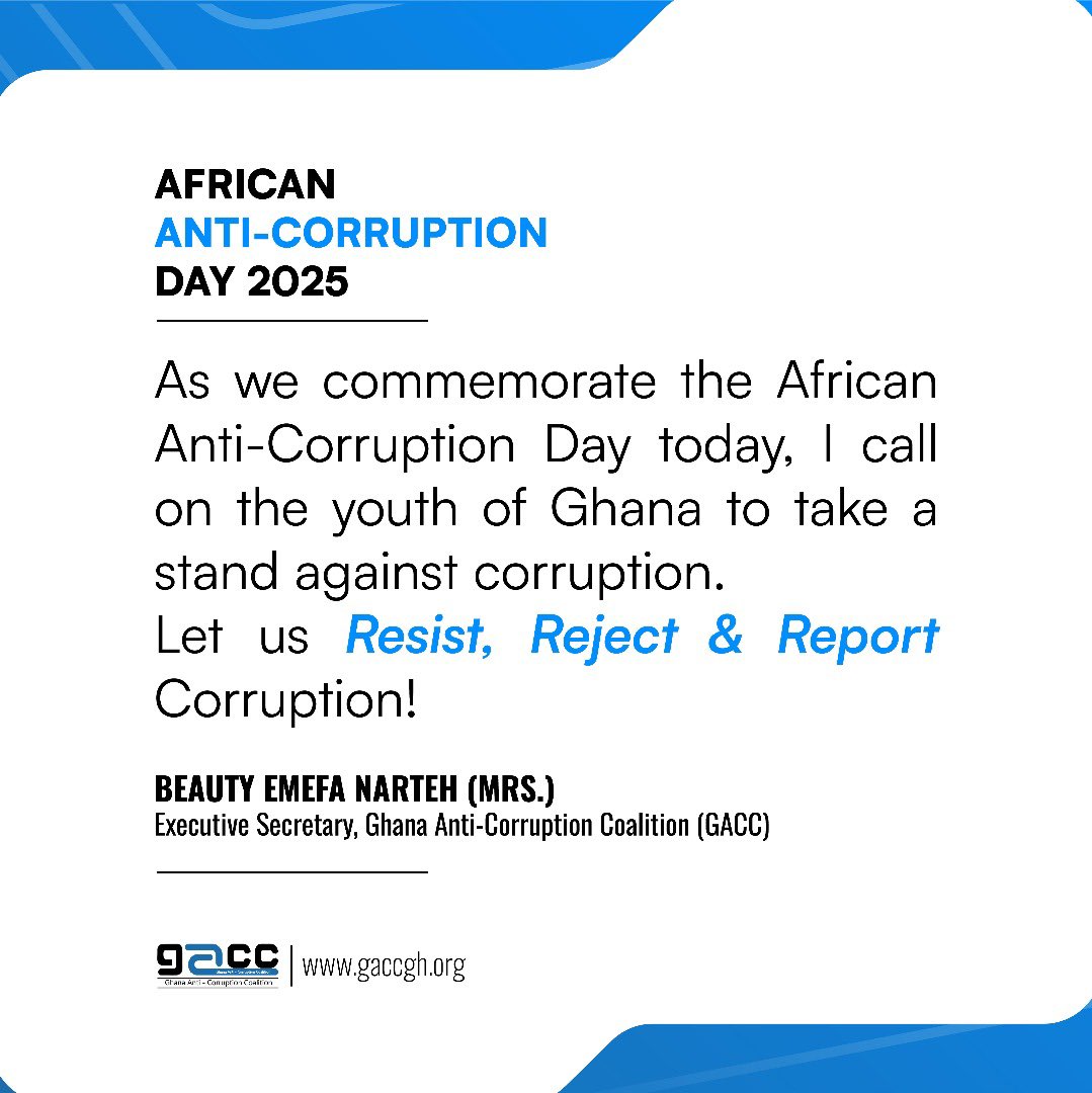 #GetInvolvedGH (@gacc_ghana) on Twitter photo The ES of <a href="/GACC_GHANA/">#GetInvolvedGH</a> , <a href="/bemefa/">Beauty Emefa Narteh</a> , calls on the youth of Ghana to take a bold stand against corruption as we commemorate African Anti-Corruption Day. Let us all Resist, Reject & Report corruption
#AfricaAgainstCorruption
#YouthAgainstCorruption
<a href="/AUABC_/">African Union Advisory Board Against Corruption</a> <a href="/HonEdemSenanu/">Hon. Edem Senanu</a> The ES of <a href="/GACC_GHANA/">#GetInvolvedGH</a> , <a href="/bemefa/">Beauty Emefa Narteh</a> , calls on the youth of Ghana to take a bold stand against corruption as we commemorate African Anti-Corruption Day. Let us all Resist, Reject & Report corruption
#AfricaAgainstCorruption
#YouthAgainstCorruption
<a href="/AUABC_/">African Union Advisory Board Against Corruption</a> <a href="/HonEdemSenanu/">Hon. Edem Senanu</a>