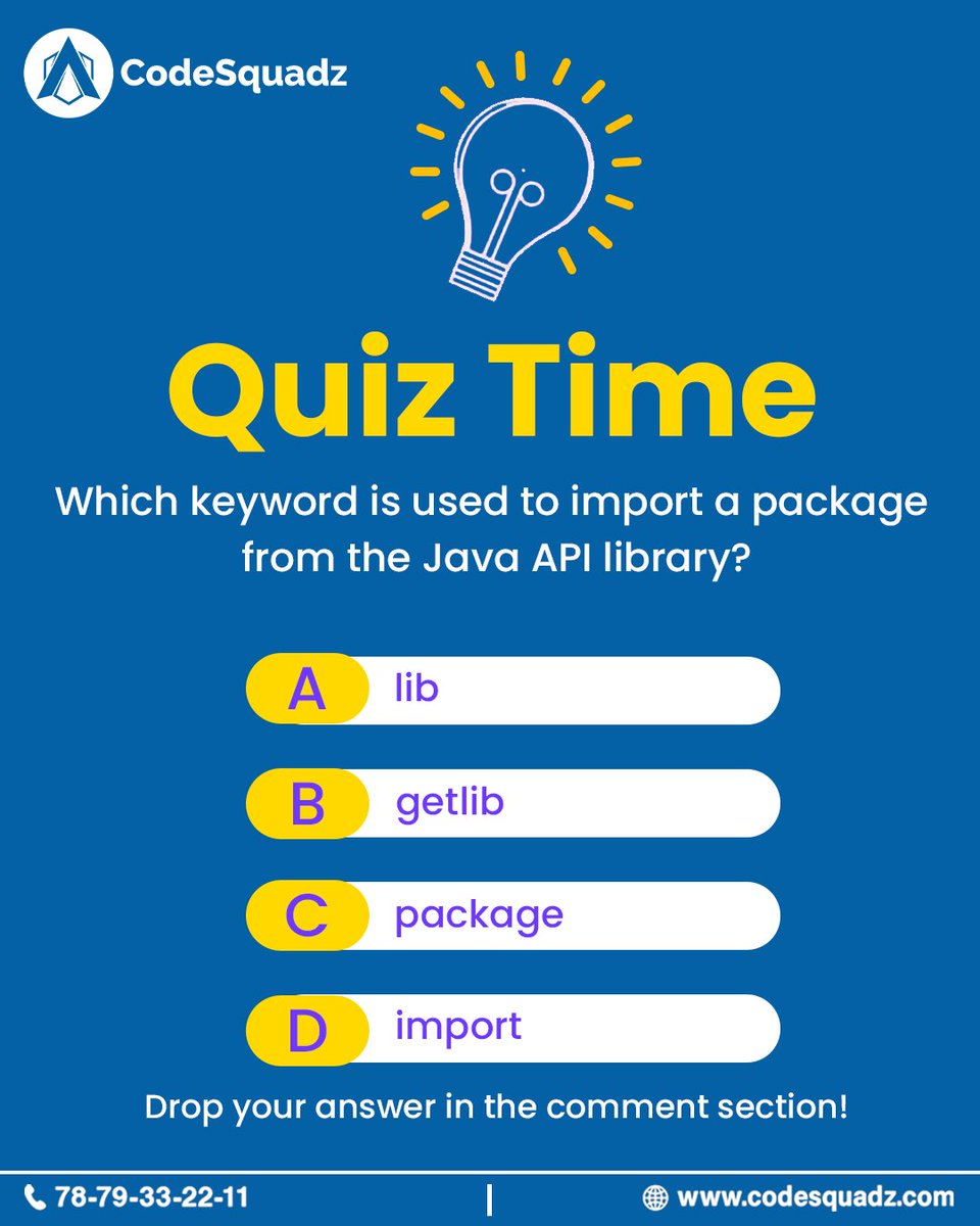 appsquadzedu's tweet image. Time to test your Java knowledge!🧠
Think you’re Java-ready for 2025? Let’s find out.
Drop your answer in the comments and flex your coding smarts!
📌Stay tuned for more quizzes, tips, and tech updates only with CodeSquadz!
#JavaQuiz #TechTrivia #ProgrammingQuiz #CodeSquadz