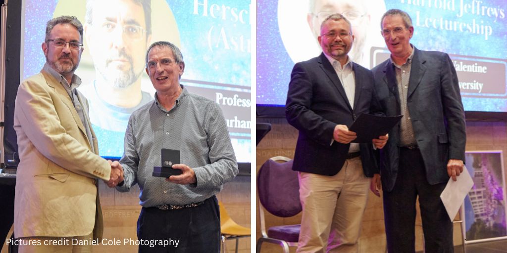 durham_uni's tweet image. Emeritus Professor Ian Smail @DurhamPhysics and @a_p_valentine @DurUniEarthSci have been presented with @RoyalAstroSoc awards @NAM25_Durham for helping our understanding of the Universe and our own planet 👉 brnw.ch/21wU4kB
#NAM2025