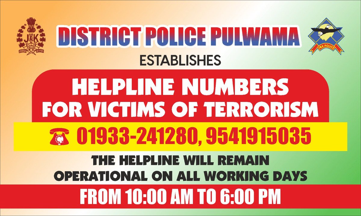 Pulwama Police (@ssppul) on Twitter photo #Pulwama Police established special helpline services to adress grievances of "Victim of Terrorism".
<a href="/JmuKmrPolice/">J&K Police</a> <a href="/KashmirPolice/">Kashmir Zone Police</a>
<a href="/DigSkr/">DIG, South Kashmir Range</a> #Pulwama Police established special helpline services to adress grievances of "Victim of Terrorism".
<a href="/JmuKmrPolice/">J&K Police</a> <a href="/KashmirPolice/">Kashmir Zone Police</a>
<a href="/DigSkr/">DIG, South Kashmir Range</a>