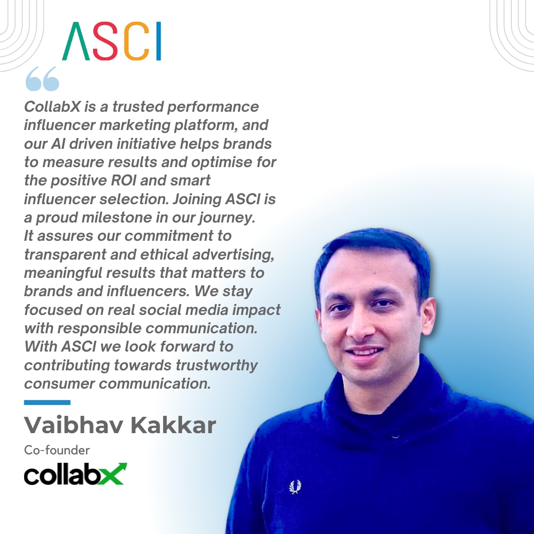 ascionline's tweet image. We welcome CollabX to the ASCI family.

CollabX works at the intersection of content, creators, and commerce, offering influencer marketing and brand collaboration solutions across platforms.

#ASCIMember #ResponsibleAdvertising #NationalAdvertisingAgency #SelfRegulation #ASCI