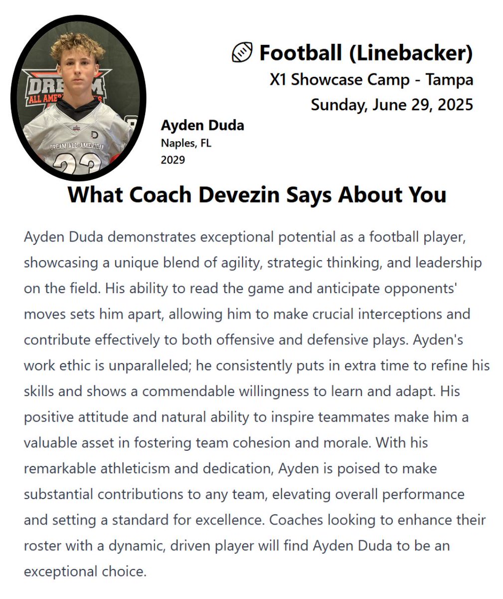 aydenduda2029's tweet image. Thank you to @raydevezin for the Performance Report @EXACTSports X1 Camp. @VState_Football is lucky to have you! EXACT Camps are great opportunities to learn and connect. Looking forward to applying what I learned this season! Can't wait to show you my growth!
#linebacker…