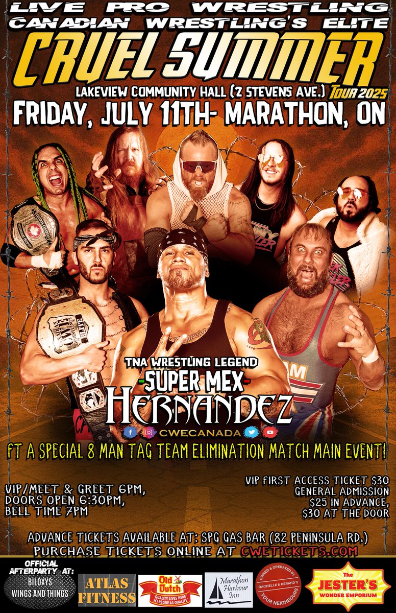 TONIGHT! <a href="/CWECanada/">CWE Canada</a> Marathon, Ontario:

Ft TNA Wrestling Legend <a href="/SuperMexCTM/">Shawn Hernandez</a> <a href="/HotshotDannyD/">Hotshot Danny Duggan</a> <a href="/ronnieattitude/">Ronnie Attitude</a> &amp; more!