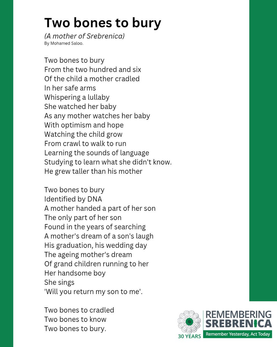 Mohamed Saloo (@muhmdibneahmd) on Twitter photo Moved by the play 'My Thousand Year Old Land (A Song For BiH)' I was inspired to write this. I'd heard how only partial remains of a loved one have been found to bury, it hit differently this time.
Two bones to bury.
#poetry
11th July #SrebrenicaGenocide
30yrs
<a href="/SrebrenicaUK/">Remembering Srebrenica</a> Moved by the play 'My Thousand Year Old Land (A Song For BiH)' I was inspired to write this. I'd heard how only partial remains of a loved one have been found to bury, it hit differently this time.
Two bones to bury.
#poetry
11th July #SrebrenicaGenocide
30yrs
<a href="/SrebrenicaUK/">Remembering Srebrenica</a>