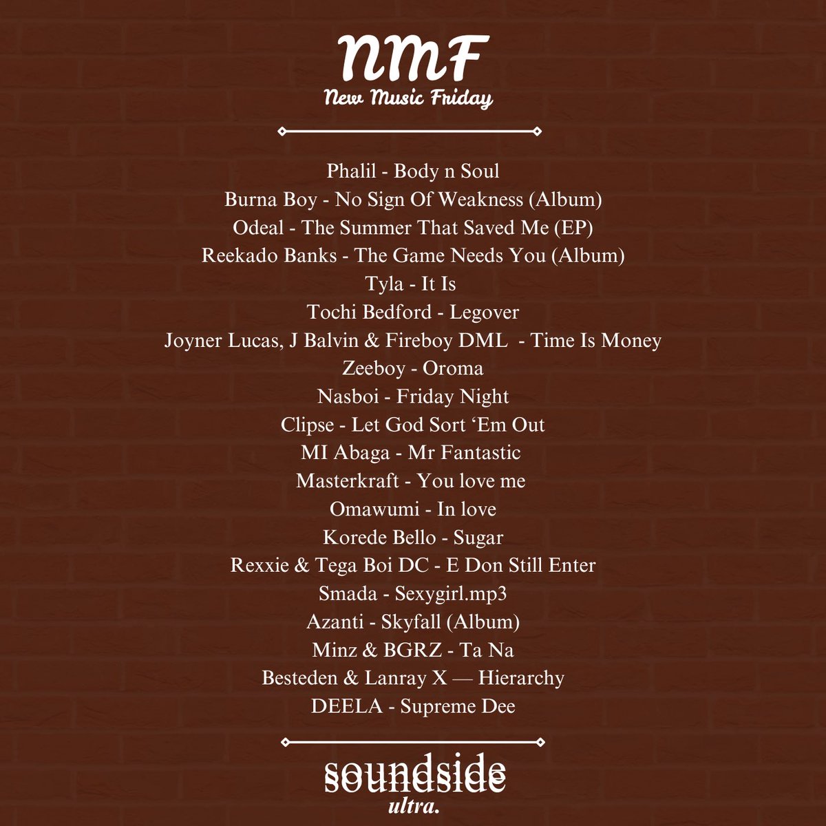 SoundsideUltra's tweet photo. 🚨NEW MUSIC FRIDAY IS BACK BABY!

Phalil - Body n Soul
Burna Boy - No Sign Of Weakness (Album)
Odeal - The Summer That Saved Me (EP)
Reekado Banks - The Game Needs You (Album)
Tyla - It Is
Tochi Bedford - Legover

And many more… https://t.co/mzkN8U8T4v