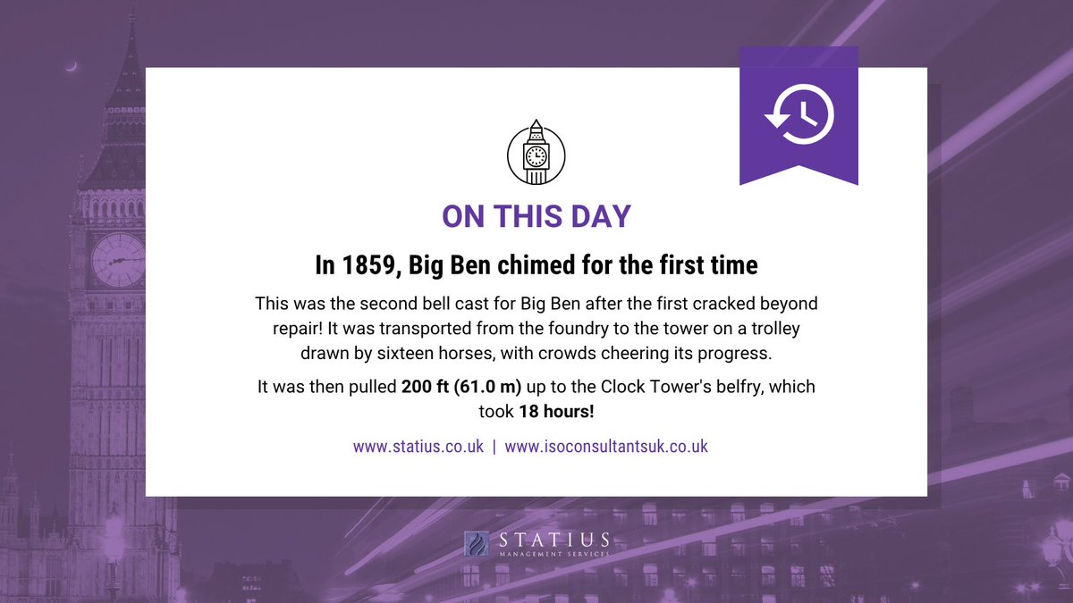 ThisIsStatius's tweet image. On this day, 166 years ago, Big Ben chimed for the first time! 🔔
This was actually the second, as the first bell cracked beyond repair during testing. The second one came out at 13.76 tonnes and required 16 horses to transport it to the belfry.
#Throwback #OnThisDay #BigBen