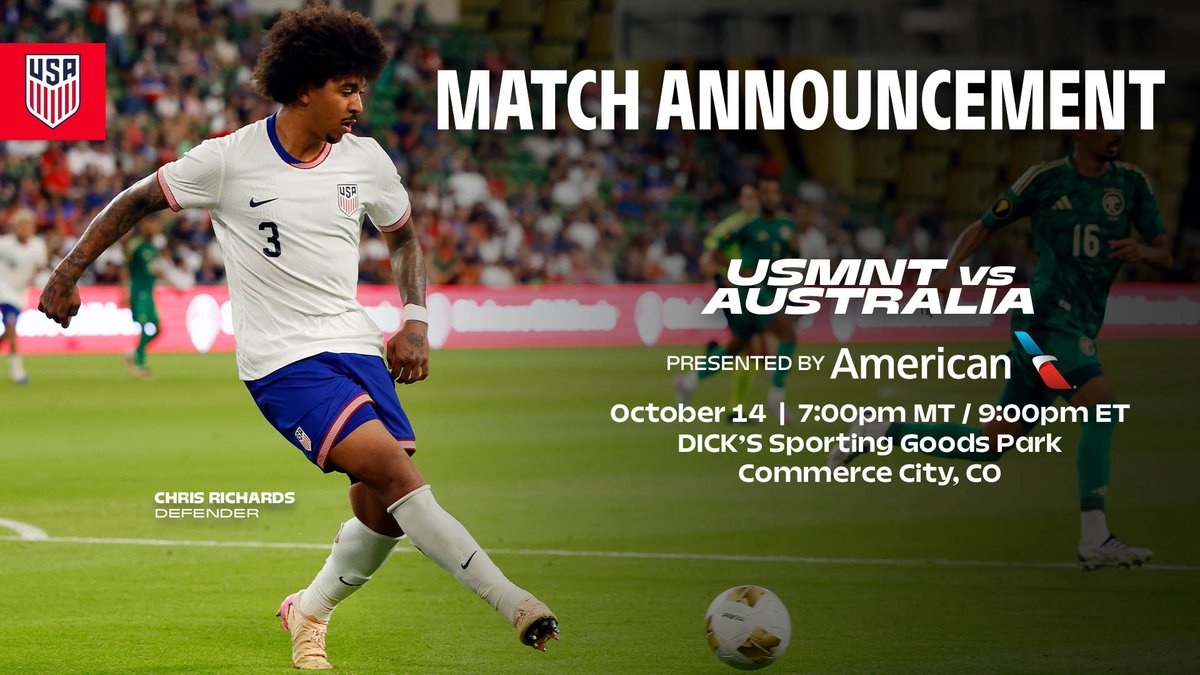 JUST ANNOUNCED: The USMNT is coming to DICK’S Sporting Goods Park on 10/14 to face Australia. Join us as the USMNT continues its preparation for the biggest sporting event in the world. Don’t miss your chance to witness this match presented by American
🎟️: tix.dsgpark.com/25USMNT
