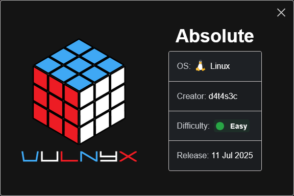 vulnyxofficial's tweet photo. New VM | Absolute by d4t4s3c
π (https://t.co/B8MK7SoSce)
#vulnyx #nyx #linux #ctf #pentesting #cybersecurity #infosec #hacking #redteam #informationsecurity #networksecurity #boot2root https://t.co/MDNXJQkM9R