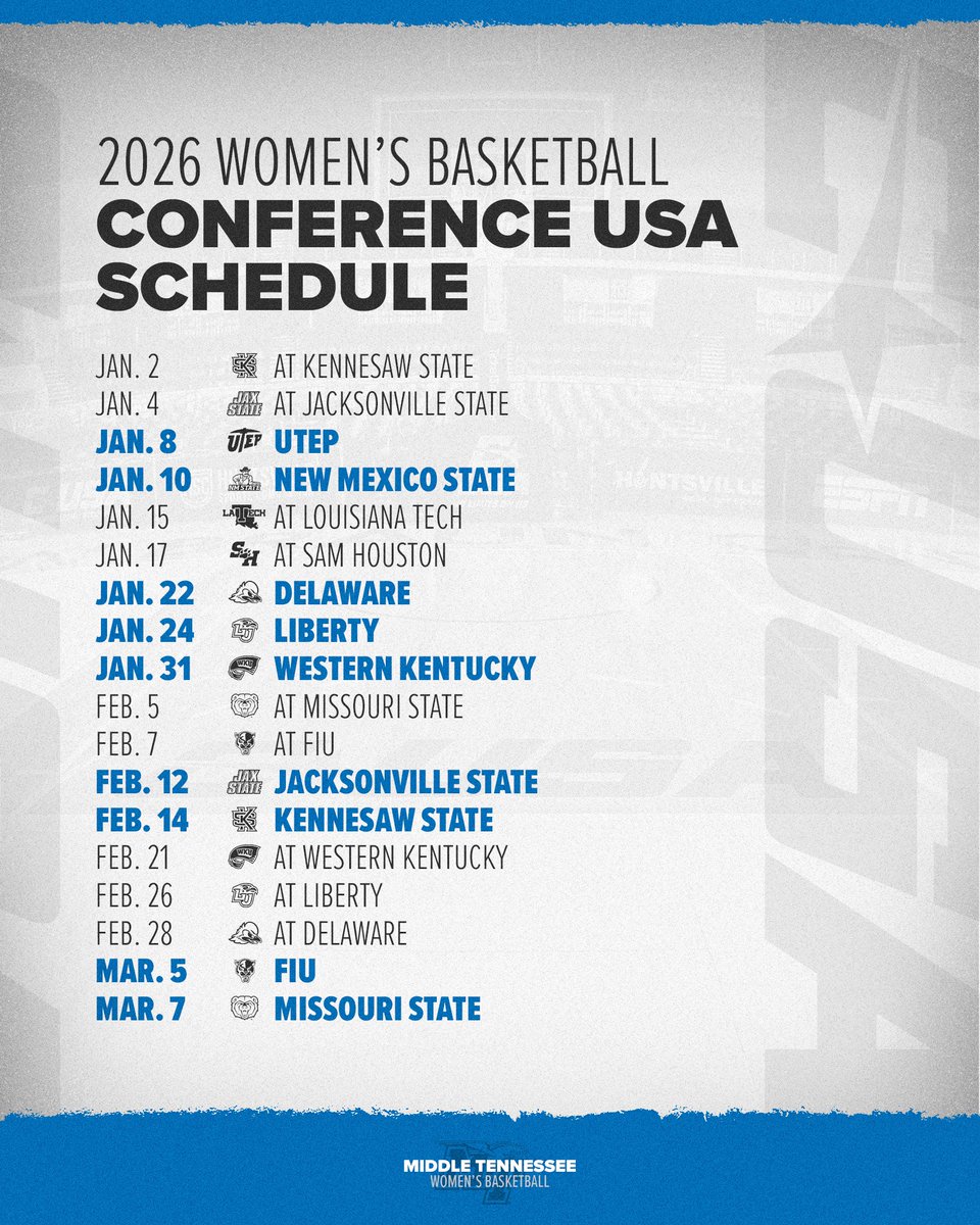 The 2025-26 CUSA schedule is here! 🗓️

📰 goblueraiders.co/CUSAWBB-2026

#TrueBlue