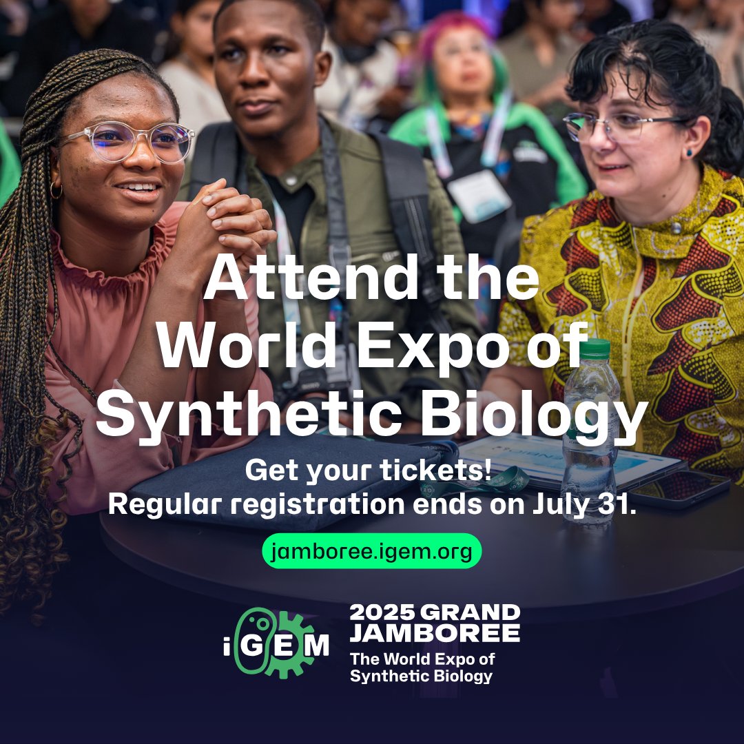 iGEM's tweet image. 🎟️ Get your ticket to see the future of synthetic biology!

Ticket prices will increase in 2 weeks, on July 31, at 15:00 UTC. Special offers are available for iGEM Alumni, Press and Startups.

📆 October 28-31, 2025. 📍Paris Convention Centre.

👉jamboree.igem.org