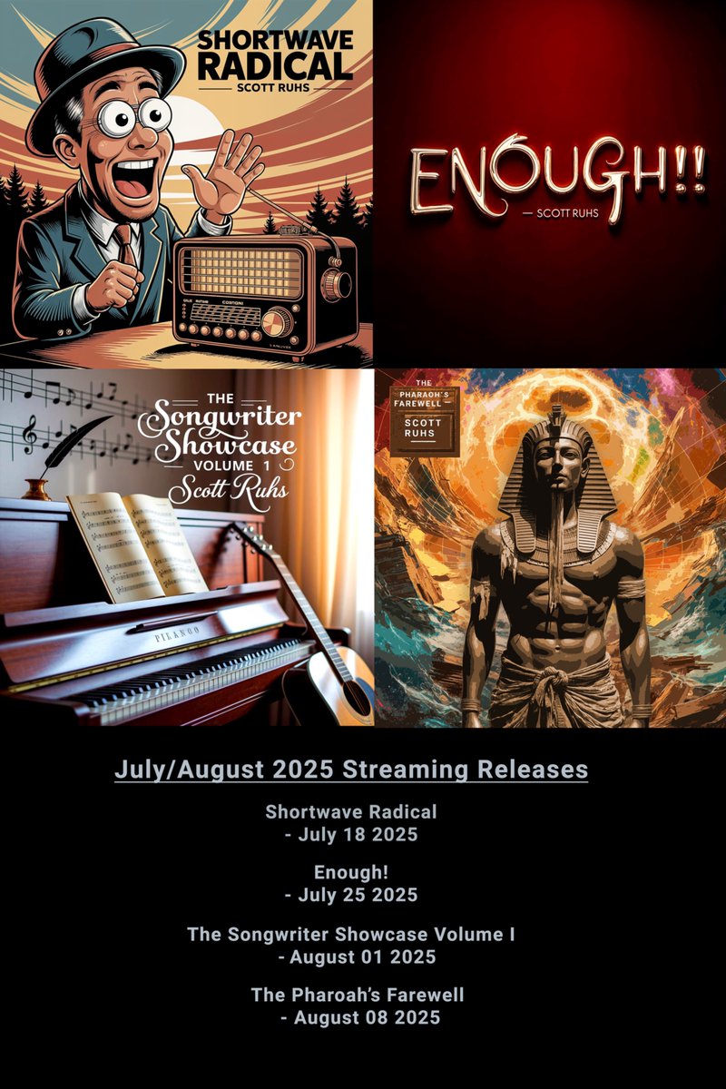 RuhsScott's tweet image. Upcoming releases!
Shortwave Radical: distrokid.com/hyperfollow/sc…
Enough!: distrokid.com/hyperfollow/sc…
The Songwriter Showcase Volume I Album: distrokid.com/hyperfollow/sc…
The Pharaoh's Farewell: distrokid.com/hyperfollow/sc…