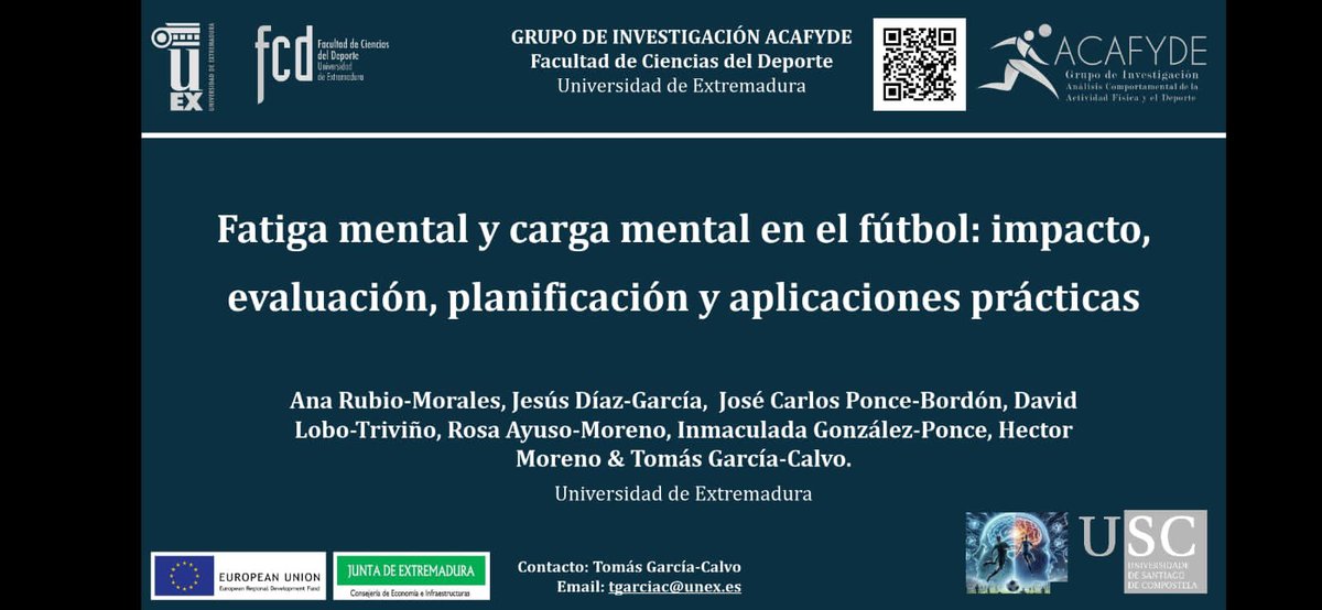 8/
🧠 También coordinamos el Simposio: Fatiga mental y carga mental en el fútbol
Impacto, evaluación, planificación y aplicación práctica.

Participaron:
R. Ayuso, I. González, A. Rubio, J. Díaz, T. García-Calvo, J.C. Ponce y D. Lobo
